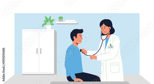 Doctor examining patient with stethoscope in clinic, healthcare concept