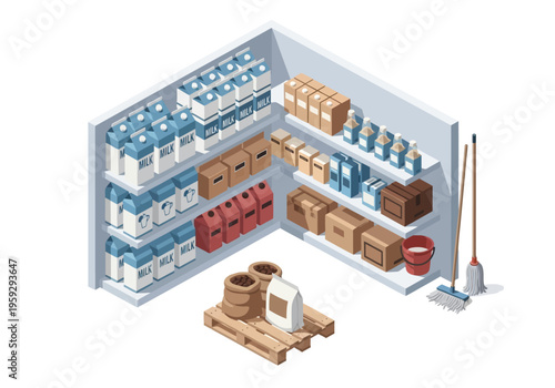 Isometric view of a well-stocked warehouse storage facility with shelves filled with packaged goods and a cleaning cart