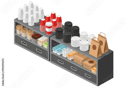 Countertop display with disposable cups, plates, napkins, and takeout bags