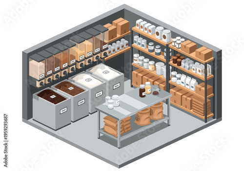 Isometric illustration of a storage room with shelves filled with various food products and large containers