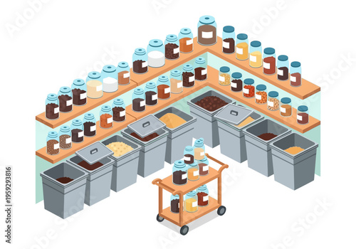 Bulk food store interior with bins of grains, spices, and pantry staples on shelves and a rolling cart