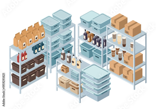 Commercial Storage Racks Filled with Products and Boxes for Inventory Management and Distribution