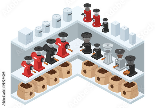 An isometric illustration of coffee grinders and beans displayed on shelves, showcasing a coffee shop or roastery setup