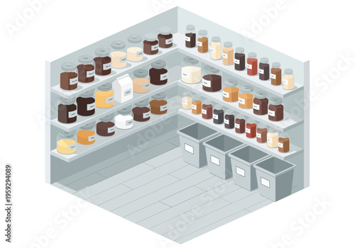 Illustration of a pantry or store with shelves stocked with jars and bins