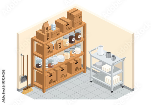 Isometric view of a storage room with shelves stocked with boxes, jars, and a serving cart with pitchers and containers