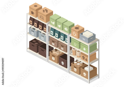 Organized storage shelves filled with various boxes, packaging, and containers, showcasing efficient inventory management and warehousing