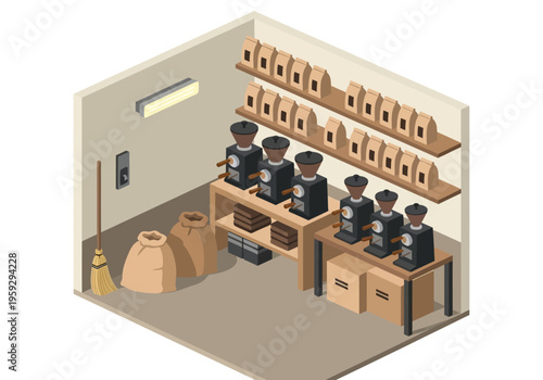 Isometric view of a coffee roasting facility with beans, sacks, and grinders neatly arranged on shelves and tables
