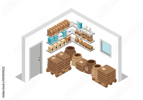 Isometric view of a storage room filled with packaged goods and sacks on pallets, depicting warehousing and distribution
