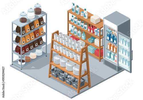 Isometric view of a shop with shelves stocked with various goods, a cooler, and storage containers