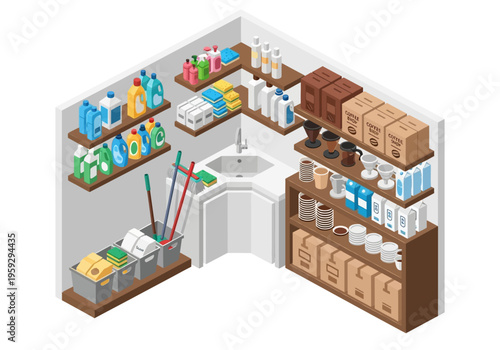 Organized corner storage room with cleaning supplies, paper goods, and coffee supplies neatly arranged on shelves
