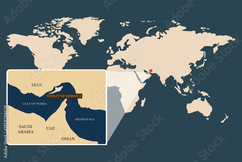 Minimalist vector illustration depicting Strait of Hormuz, showing narrow waterway between Iran and Oman with shipping routes, geographic clarity details
