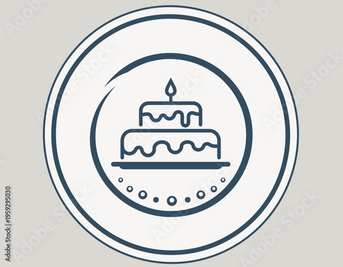 A minimalist illustration depicts a birthday cake with a lit candle on a plate surrounded by decorative elements.