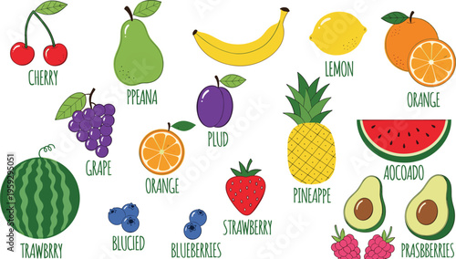 Colorful fruit collection with labeled fresh fruits including banana orange pineapple avocado berries and more vector illustration for healthy food design