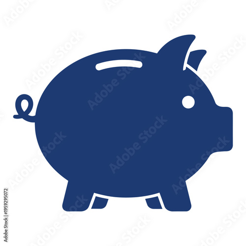 A solid dark blue silhouette of a traditional piggy bank sits ready for coin savings on a white surface.