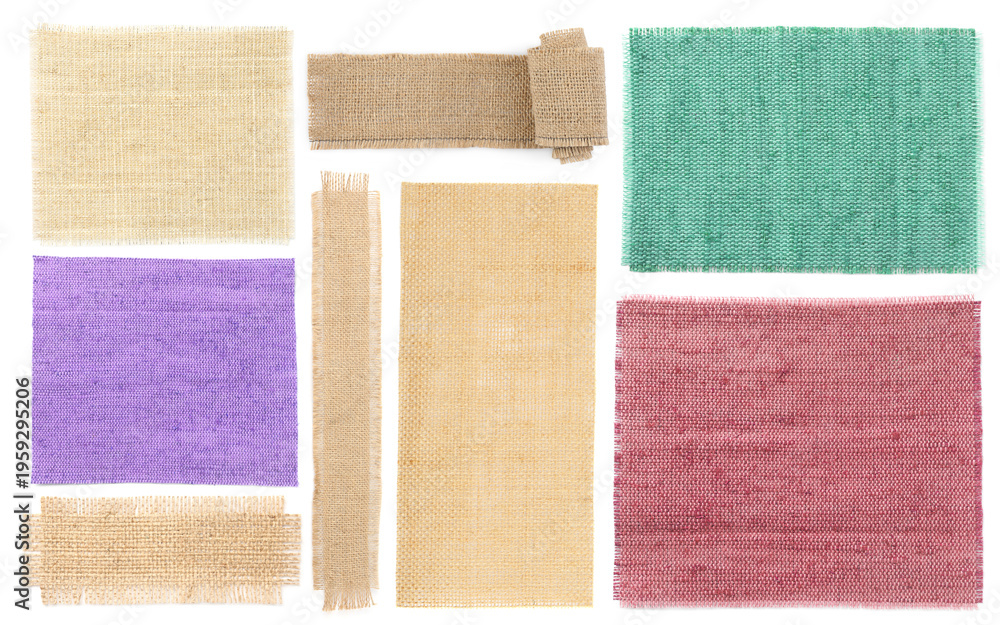 Fototapeta premium Pieces of natural burlap fabric in different colors on white background, set