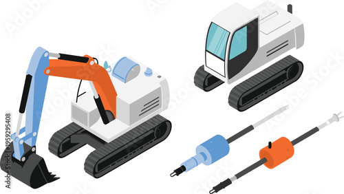 Isometric excavator construction machines set with hydraulic breakers crawler equipment heavy machinery industrial engineering vector illustration isolated