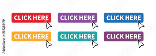 Colorful Click Here Button Icon Set for Web Interface Design