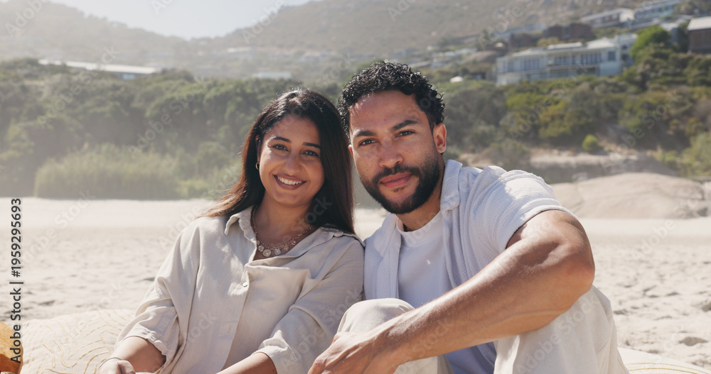 Fototapeta premium Travel, portrait or couple on beach sand with smile, commitment or bonding together on summer holiday. Happy, man or woman with love, romantic connection or healthy relationship on outdoor vacation.