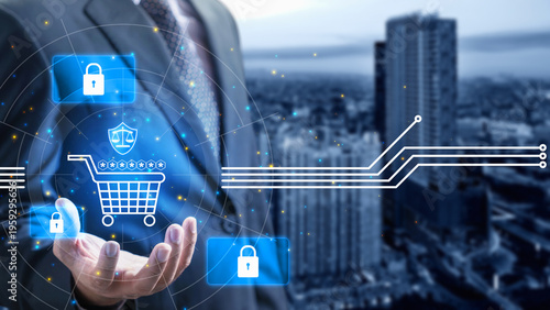A businessman in a suit holds a digital projection of a shopping cart, security locks, and legal shield icons against a blurred urban city backdrop