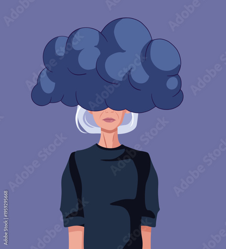 Sad Old Woman Under a Rain Cloud Vector Illustration. Stressed elderly grandma suffering from depression and anxiety