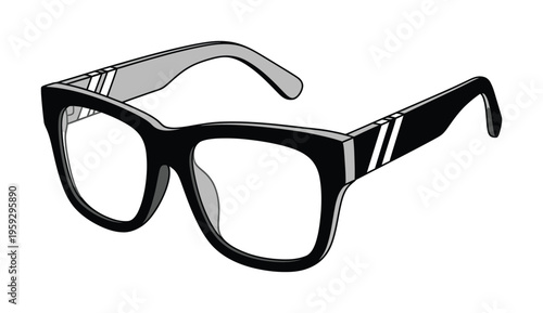 Vector of stylish black-framed eyeglasses with white accents and a sleek design on a plain background