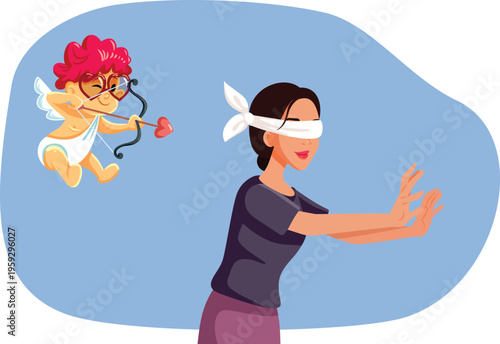 Love is Blind Concept Illustration with Cupid. Woman is hit by Cupid arrow while blindfolded
