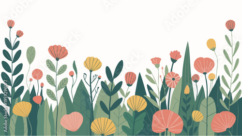 Vibrant garden scene showcasing a variety of colorful flowers and lush greenery isolated on white background, illustration