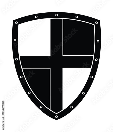 Vector shield design featuring a bold cross and riveted border