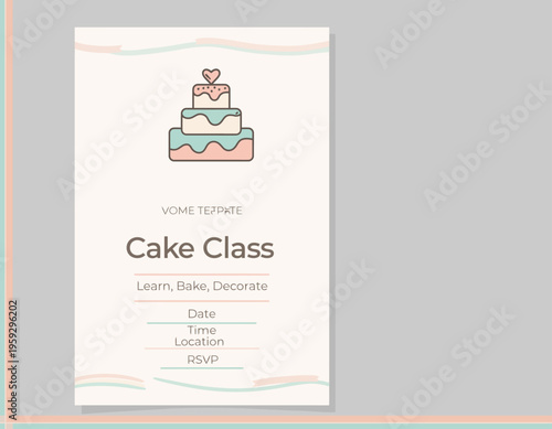 A colorful cake illustration on a baking class advertisement template