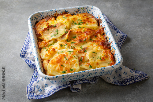 Canvastavla Potato gratin - graten (baked potatoes with cream and cheese) with rosemary and