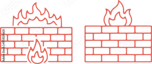 Two illustrations of fire emerging from brick walls with flames protruding upwards and outwards