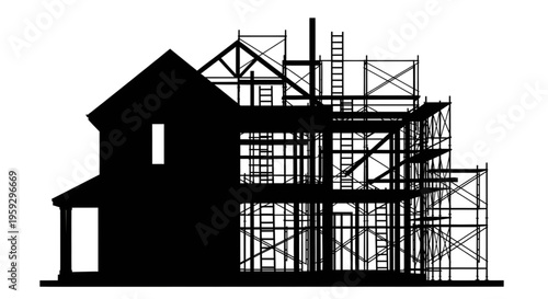 Silhouette of House Under Construction with Scaffolding and Structural Framing