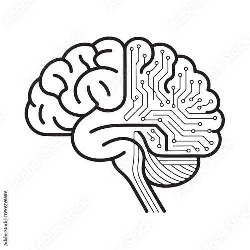 Human brain side view with digital circuit board lines, artificial intelligence, and neural network technology vector illustration