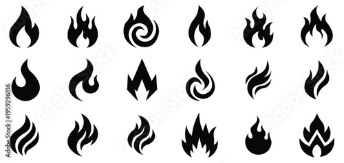 Black Fire Flame Symbol Vector Illustration Collection Icon Set Featuring Burning Heat Energy and Spark Elements for Graphic Design Logo and Badge Use