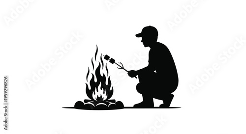 Man roasting marshmallows over a campfire striking black silhouette