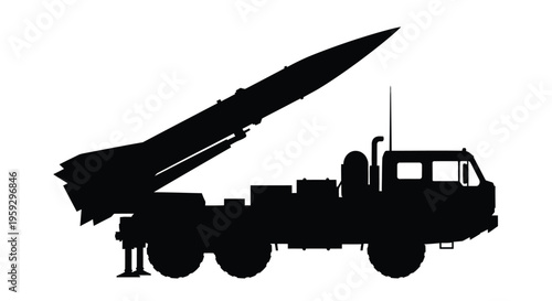 Black silhouette of a military missile launcher on a vehicle silhouette
