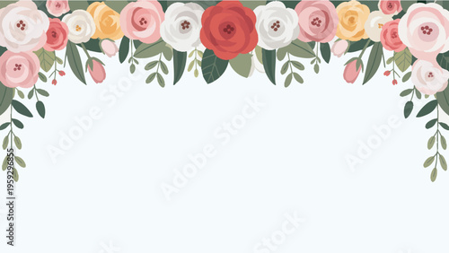 Elegant floral garland with pastel roses and green foliage isolated on white background, illustration