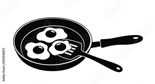 Black and white illustration of fried eggs in a pan silhouette