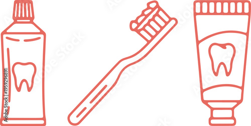 Illustrated icons of dental hygiene products including toothpaste, toothbrush, and dental tube