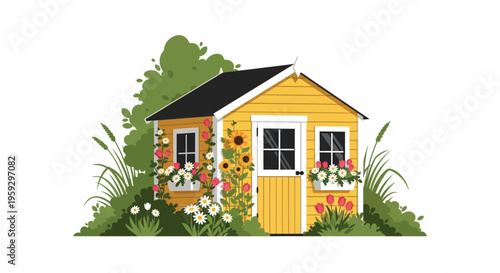 Charming yellow playhouse adorned with flowers a delightful silhouette