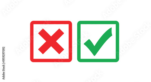 Red x and green checkmark symbols in square frames silhouette
