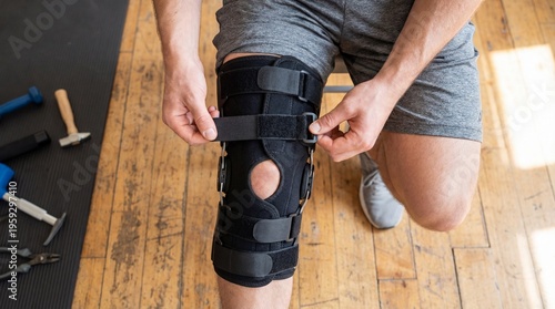 Top-Down View of Hands Adjusting the Neoprene Strap of a Professional Knee Brace