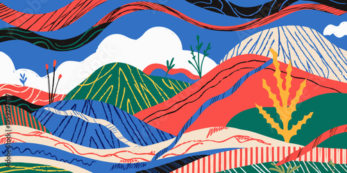 Abstract landscape illustration presents a dynamic and vibrantly colored mountainous terrain with flowing lines and diverse patterns, depicting rivers and undulating hills under a textured sky.
