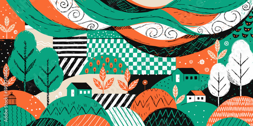 Rural landscape illustration portrays a charming village nestled among undulating, patterned hills with stylized trees and quaint small houses under a distinctive wavy sky, embodying a peaceful.