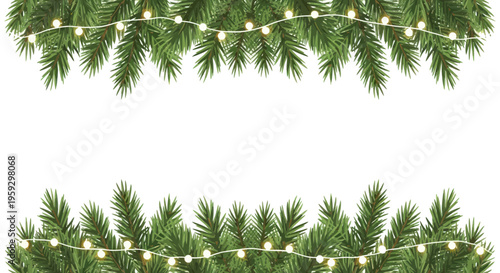 Christmas Fir Branches with Twinkling Lights Border on White Background