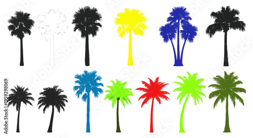 Collection of Colorful Palm Tree Silhouettes - Tropical Vacation Elements
