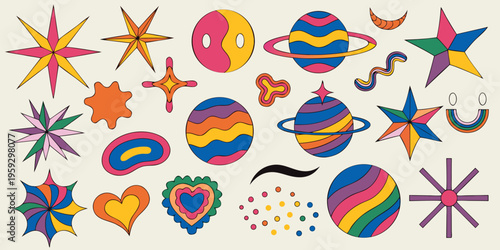 Variety of cheerful, flowing, abstract shapes representing celestial bodies and hearts showcasing bright colors and rounded, groovy 1970s-inspired graphic aesthetics.