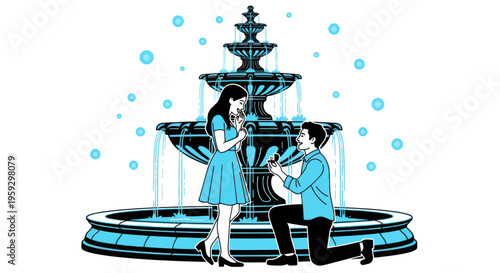 Couple Engagement Proposal Beside Fountain, Man Proposing Marriage to Woman