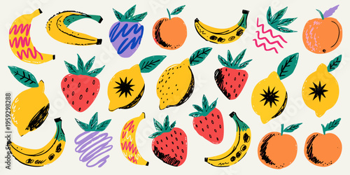 Collection of colorful, textured illustrations featuring various whole and cut fruits including bananas, lemons, strawberries, and peaches presented as abstract visual elements.