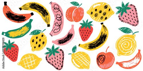 Assortment of stylized, hand-drawn bananas, strawberries, lemons, and peaches creates a vibrant, colorful pattern across a light background for a fresh design element.